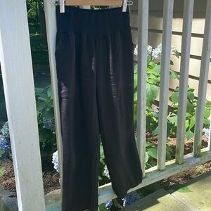 Black linen capris with elastic waist.